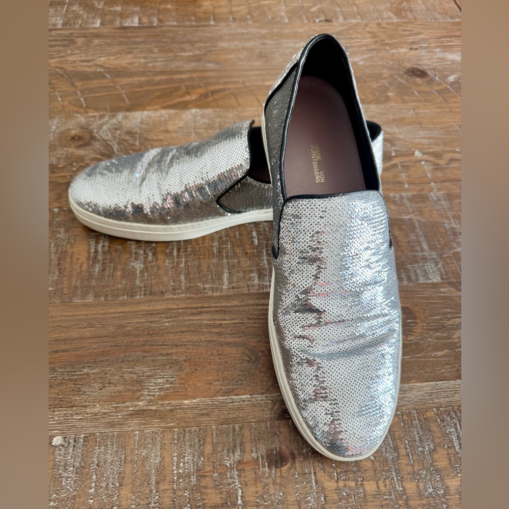 Diane Von Furstenberg Women's Budapest Silver Sequin Slip On
Sneakers, Size 11